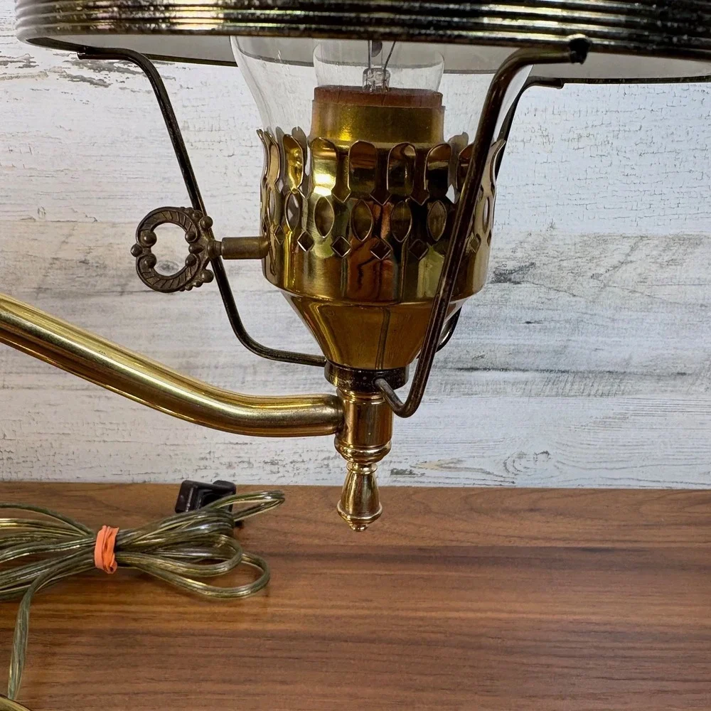 Antique Brass Student Oil Lamp Modified Wired Working with Floral Single Arm